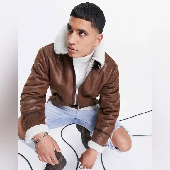 ASOS Flight Jacket In Brown With Ecru Borg Collar - Picture 3 of 4